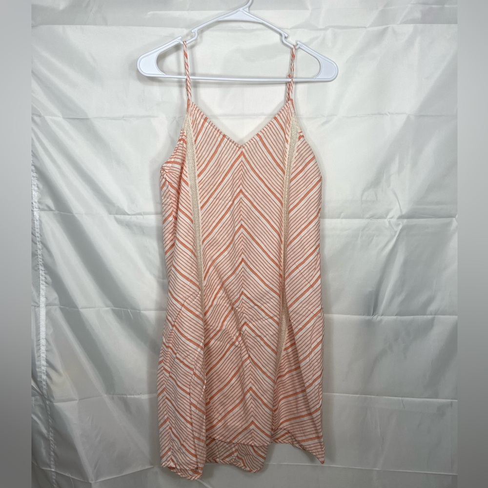 Mystree women’s orange peach white striped embroidered lined mini summer dress S